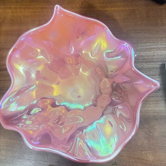Vtg Unique art glass dish Levay Levi Hand‎ Formed Carnival Glass Pressed Logo